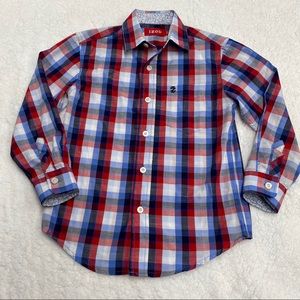 IZOD Boys Medium 5/6 Button Down Long Sleeve Shirt Red, White and Blue Plaid